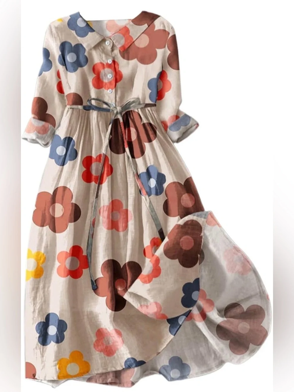 Women’s Floral Tie-Waist Long Sleeve Dress - Cream with Multi-Color Flowers - Picture 2 of 4